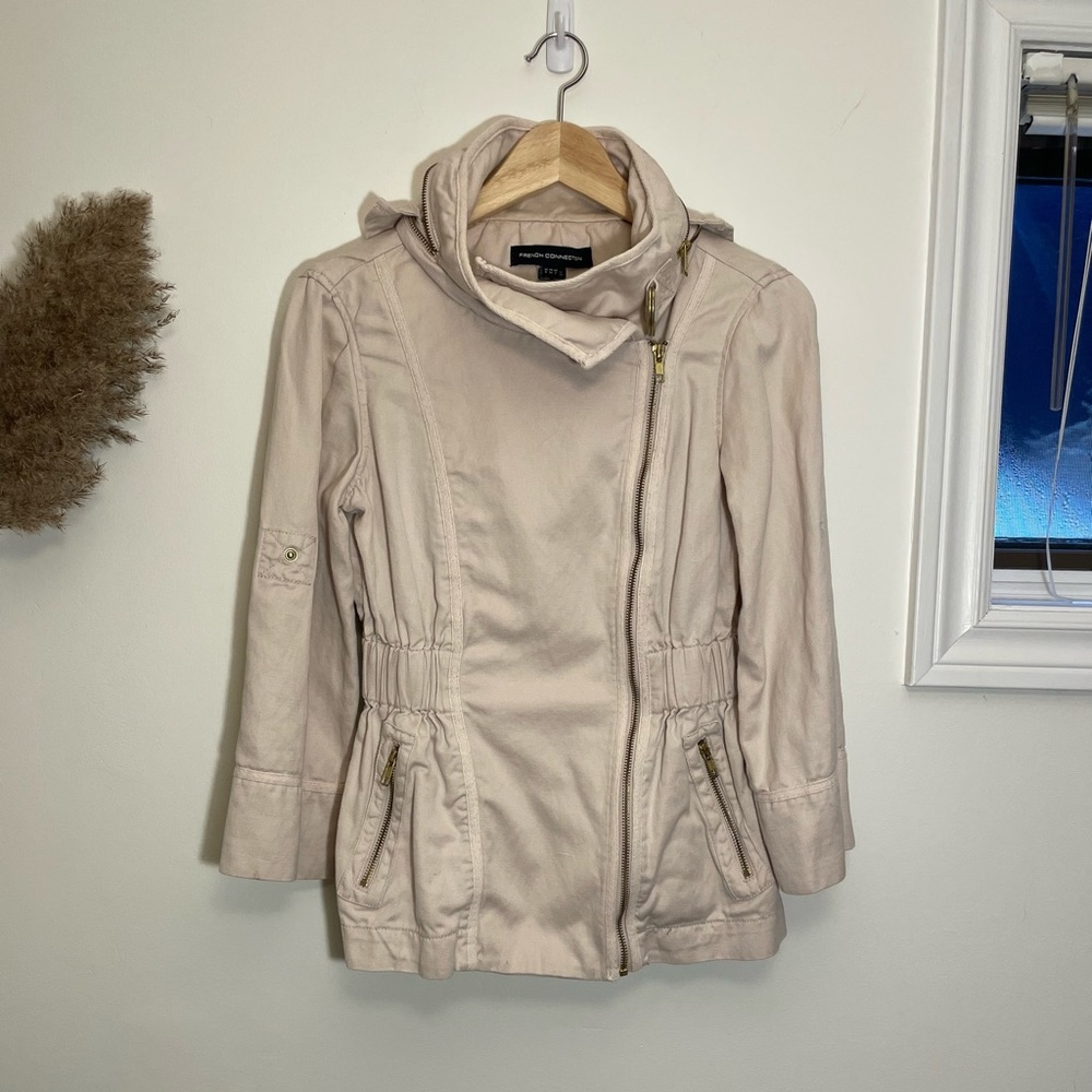 French Connection FCUK Utility Jacket - Lightweight Linen-Blend Khaki Jacket